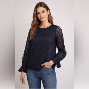 Worthington Career Wear Black Mixed Media Texture Long Sleeve Blouse